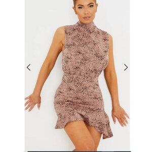 PrettyLittleThing Dusty Pink Dalmatian High Neck Frill Hem Bodycon Dress Size 10